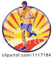 Poster, Art Print Of Retro Triathlete Marathon Runner In A Circle Of Sunshine