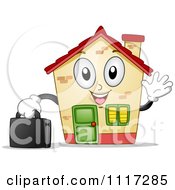 Happy House Mascot Waving And Holding A Briefcase