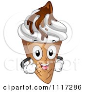 Cartoon Of A Happy Waffle Cone With Frozen Yogurt And Chocolate Syrup Holding A Thumb Up Royalty Free Vector Clipart