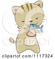 Poster, Art Print Of Cute Cat Wearing A Bib And Eating A Fish