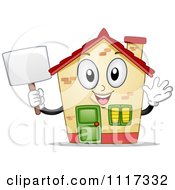 Happy House Mascot Waving And Holding A Sign