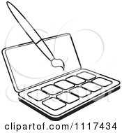 Clipart Of An Outlined Watercolor Paint Kit And Brush Royalty Free Vector Illustration by Lal Perera