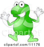A Happy Green Frog Wearing Gloves Doing Jazz Hands While Dancing