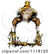Happy Scarecrow Mascot With An Autumn Sign