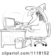Cartoon Of An Outlined Halloween Vampire Using A Computer At An Office Desk Royalty Free Vector Clipart