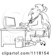 Cartoon Of An Outlined Halloween Vampire Using A Computer At An Office Desk Royalty Free Vector Clipart