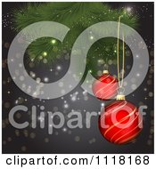 3d Red And Gold Christmas Baubles Suspended From A Tree Branch Over Gray With Sparkles