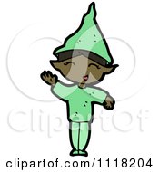 Cartoon Of A Waving Black Female Christmas Elf In A Green Suit Royalty Free Vector Clipart