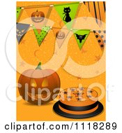 Poster, Art Print Of Halloween Jackolantern Pumpkin With A Cake Stars And Party Buntings On Orange