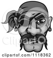 Cartoon Of A Grayscale Pirate Face With A Mustache Bandana And Eye Patch Royalty Free Vector Clipart