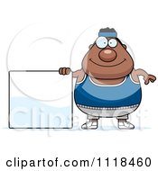 Cartoon Of A Plump Black Gym Man With A Sign Royalty Free Vector Clipart by Cory Thoman