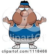 Cartoon Of A Careless Shrugging Plump Black Gym Man Royalty Free Vector Clipart