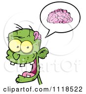 Cartoon Of A Happy Green Zombie Head With A Brain In A Speech Balloon 1 Royalty Free Vector Clipart by Hit Toon