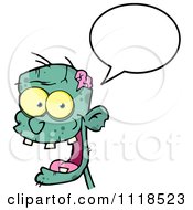 Cartoon Of A Happy Green Zombie Head With A Speech Balloon 2 Royalty Free Vector Clipart