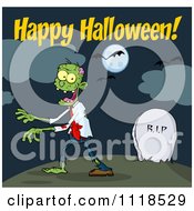 Poster, Art Print Of Happy Halloween Text Over A Zombie Walking Through A Cemetery