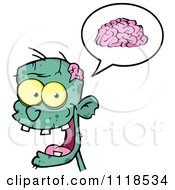 Cartoon Of A Happy Green Zombie Head With A Brain In A Speech Balloon 2 Royalty Free Vector Clipart