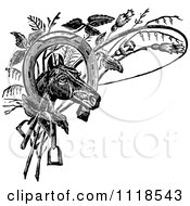 Clipart Of A Retro Vintage Black And White Horse Head With A Shoe Whip And Plants Royalty Free Vector Illustration by Prawny Vintage #COLLC1118543-0178