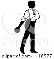 Clipart Of A Retro Vintage Black And White Man Bowling 6 Royalty Free Vector Illustration
