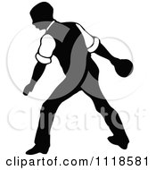 Clipart Of A Retro Vintage Black And White Man Bowling 10 Royalty Free Vector Illustration