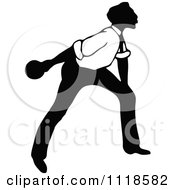 Clipart Of A Retro Vintage Black And White Man Bowling 11 Royalty Free Vector Illustration