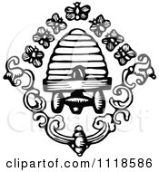 Clipart Of Retro Vintage Black And White Bees And Hive Royalty Free Vector Illustration