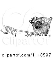Poster, Art Print Of Retro Vintage Black And White Rake And Basket Of Autumn Leaves