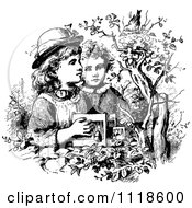 Clipart Of A Retro Vintage Black And White Boy And Girl Trying To Catch A Bird Royalty Free Vector Illustration