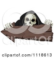 Cartoon Of A Halloween Skeleton Holding And Biting An Arrow Sign Royalty Free Vector Clipart