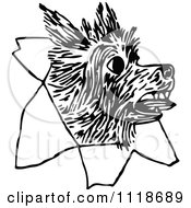 Clipart Of A Retro Vintage Black And White Dog Breaking Through Paper Royalty Free Vector Illustration