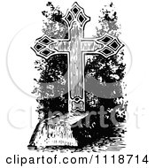 Clipart Of A Retro Vintage Black And White Cross Grave Stone Royalty Free Vector Illustration