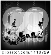 Poster, Art Print Of Suspended Halloween Sign With Stacked Jackolanterns A Cemetery And Haunted House