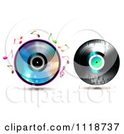 Poster, Art Print Of Shiny Cd With Music Notes And Grungy Vinyl Record