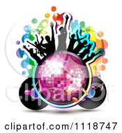 Clipart Of Silhouetted Dancers On A Disco Ball With A Record Album And Music Notes Royalty Free Vector Illustration by merlinul #COLLC1118747-0175