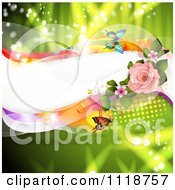 Clipart Of A Wave With Pink Blossoms And A Rose And Butterflies On Green Royalty Free Vector Illustration