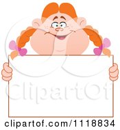 Cartoon Of A Happy Red Haired Girl Holding A Sign Royalty Free Vector Clipart by yayayoyo