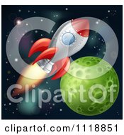 Clipart Of A Space Shuttle Rocket Flying In Outer Space Near A Green Planet Royalty Free Vector Illustration by AtStockIllustration