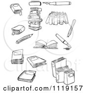 School Cartoon Of A Black And White Books And Writing Utensils Royalty Free Vector Clipart by lineartestpilot