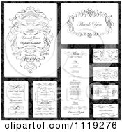 Clipart Of Ornate Black Swirl Frame Designs With Sample Text On Damask Royalty Free Vector Illustration