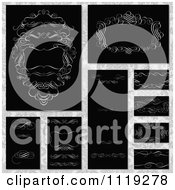 Clipart Of White Ornate Swirl Invitation Designs On Black Royalty Free Vector Illustration