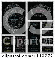 Clipart Of White Ornate Swirl Invitation Designs With Neon Sample Text On Black Royalty Free Vector Illustration