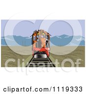 Poster, Art Print Of Retro Diesel Train On Tracks In A Flat Landscape With Mountains In The Distance