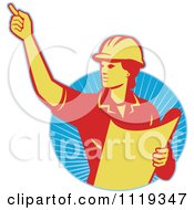 Poster, Art Print Of Retro Construction Engineerwoman Directing And Holding Blueprints Over Rays