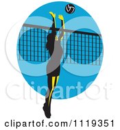 Retro Female Volleyball Player Spiking Over A Net On Blue