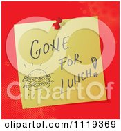 Cartoon Of A Handwritten Gone For Lunch Message On A Pinned Note Royalty Free Vector Clipart by MilsiArt