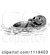 Clipart Of A Retro Vintage Black And White Swimming Otter Royalty Free Vector Illustration