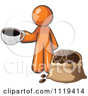 Orange Man With A Cup Of Coffee Over A Bag Of Beans