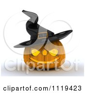 Poster, Art Print Of 3d Halloween Jackolantern Pumpkin Wearing A Witch Hat