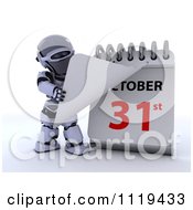 Clipart Of A 3d Robot Revealing A Halloween October 31st Calendar Day Royalty Free CGI Illustration