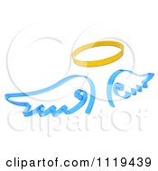 Poster, Art Print Of 3d Blue Angel Wings And A Golden Halo