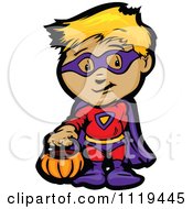 Cartoon Of A Halloween Kid In A Super Hero Costume Holding Out A Pumpkin And A Trick Behind His Back Royalty Free Vector Clipart by Chromaco